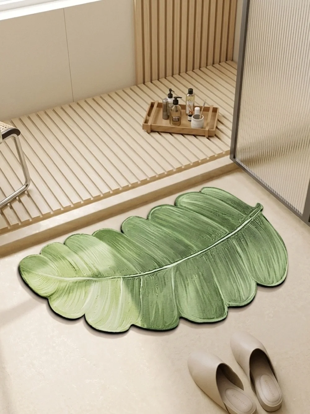 Green Leaf Bath Mat - Decorative Non-Slip Bathroom Rug